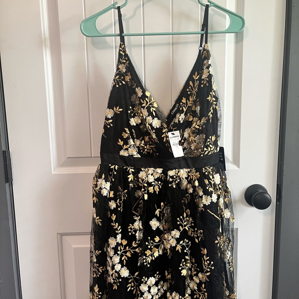 Express Black Dress with Gold Floral Design